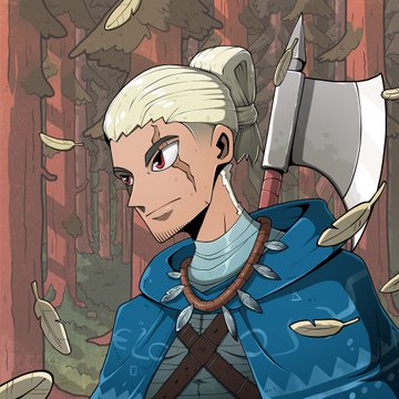 The image depicts a stylized anime-like warrior with white hair, red eyes, and tribal markings, holding an axe and wearing a feather-adorned necklace—fitting the "dark ancient warriors" aesthetic promoted in the Alpha Radar giveaway post for @kuronashiPJ's 10 GTD NFT spots.