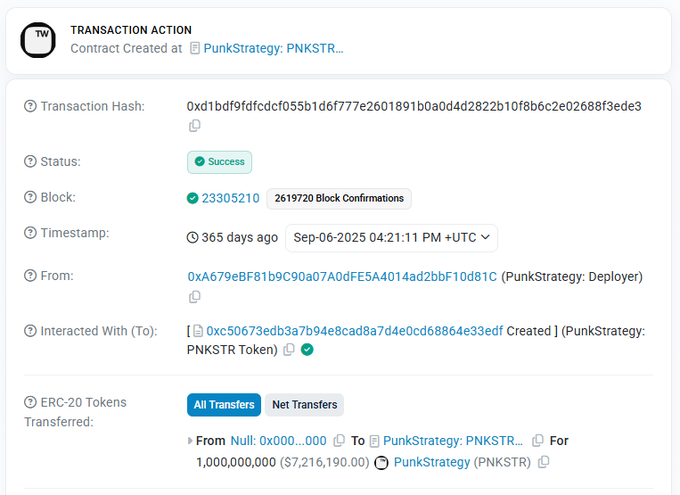 A blockchain transaction record screenshot showing a successful 'Contract Created' action for PunkStrategy (PNKSTR) Token with 1 billion tokens transferred, dated September 6, 2025.