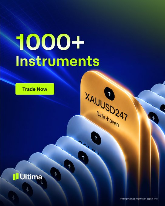 An advertisement for 'Ultima' displays '1000+ Instruments' and a 'Trade Now' button, featuring stylized trading instruments including 'XAUUSD' labeled 'Safe-haven'.