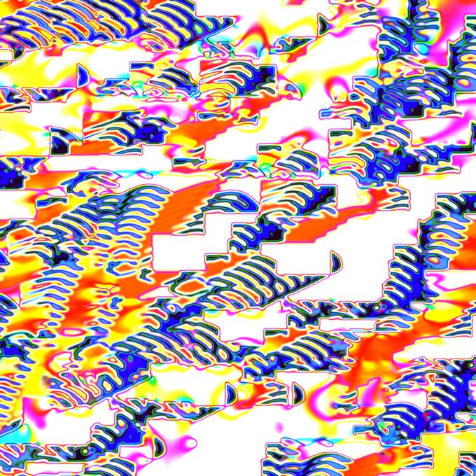 An abstract, psychedelic artwork featuring chaotic, glitch-like patterns in vibrant neon blues, reds, yellows, and pinks against a white background.
