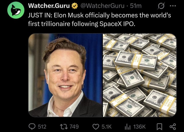 The image features a man wearing a suit and tie with a large stack of money behind him. The text in the image reads "Elon Musk becomes earth' s first trillionaire, what does this mean for btc/crypto?". This implies that the man's wealth could potentially impact the cryptocurrency market or Bitcoin, as it is often said that successful entrepreneurs can have a significant influence on the financial world.