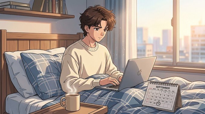 An anime-style illustration of a young man with brown hair sitting in bed using a laptop, with a steaming coffee mug on a nightstand and a September calendar nearby.
