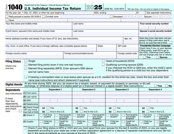 A blank IRS Form 1040 for the 2025 tax year, highlighting the "Digital Assets" section that asks taxpayers whether they received, sold, exchanged, or disposed of any digital assets during the year, directly corresponding to the post's discussion about the crypto question on tax returns.