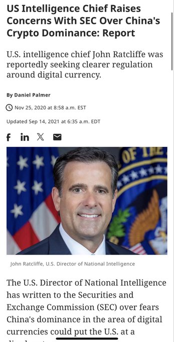 A news article headline 'US Intelligence Chief Raises Concerns With SEC Over China's Crypto Dominance: Report' featuring a photo of John Ratcliffe, U.S. Director of National Intelligence, dated Nov 25, 2020.