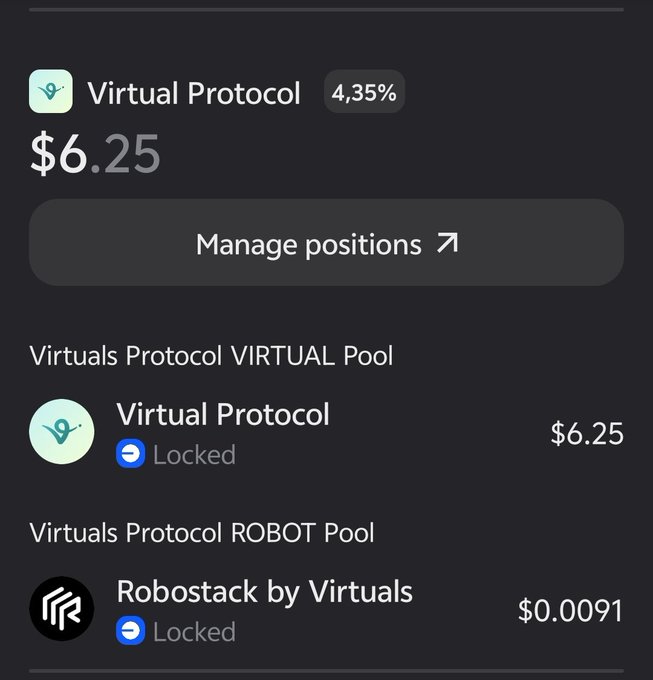 A crypto portfolio interface showing 'Virtual Protocol' at $6.25 with 4.35% and a 'Robostack by Virtuals' position at $0.0091, both marked as locked.