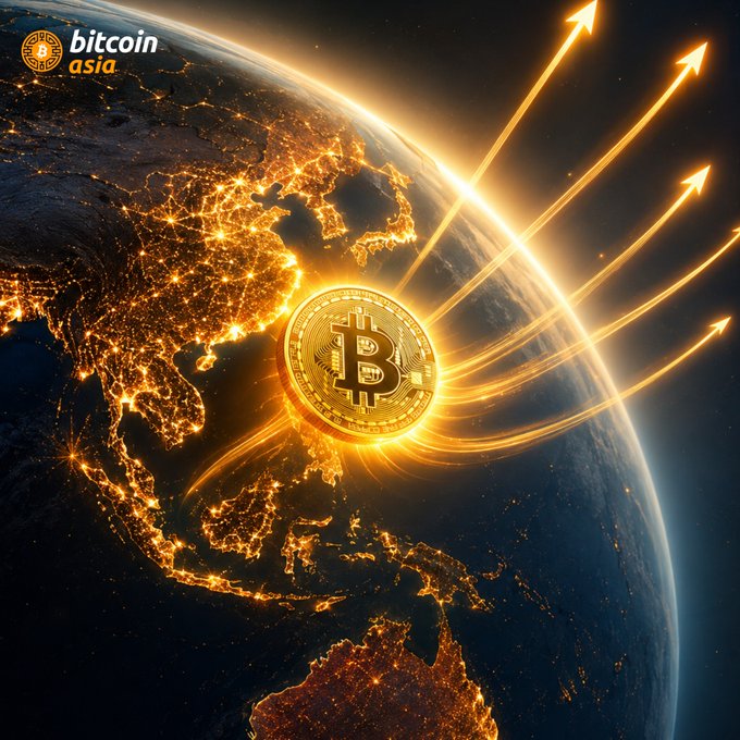 A glowing Bitcoin coin orbits Earth at night over the illuminated Asia-Pacific region, with golden arrows shooting upward and the 'bitcoin asia' logo in the top-left corner.