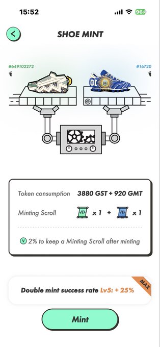 A mobile app screen for 'SHOE MINT' displays two digital shoes and indicates a token consumption of '3880 GST + 920 GMT' along with a 'Mint' button.