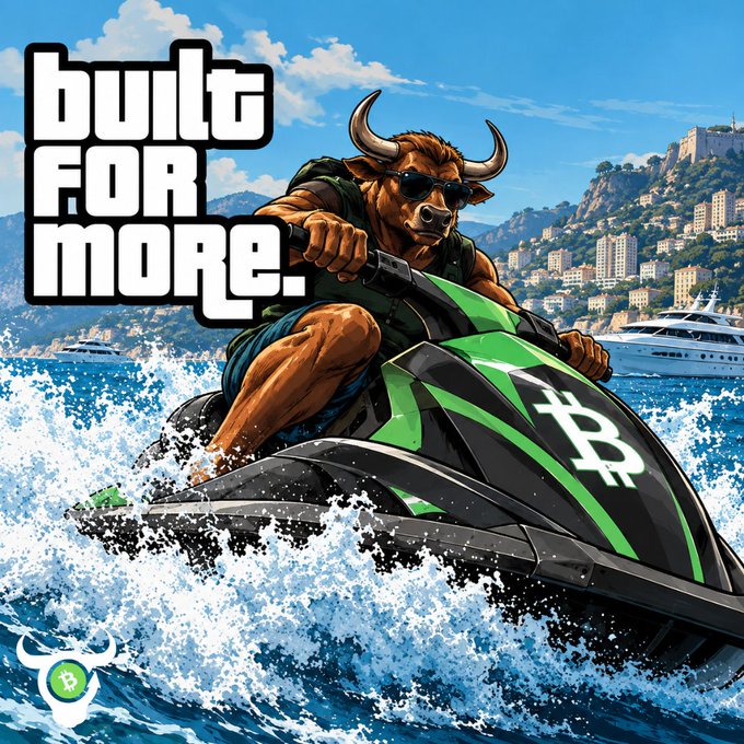 A digital illustration features a bull wearing sunglasses riding a green and black jet ski with a Bitcoin symbol, set against a coastal city backdrop, with the text 'built FOR MORE.' on the left.
