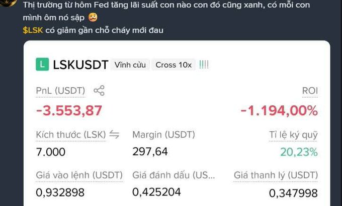 A screenshot of a trading platform showing a losing position on LSKUSDT with a PnL of -3,553.87 USDT and ROI of -1,194.00%, accompanied by Vietnamese text lamenting the crypto market's downturn following the Fed's interest rate decision.