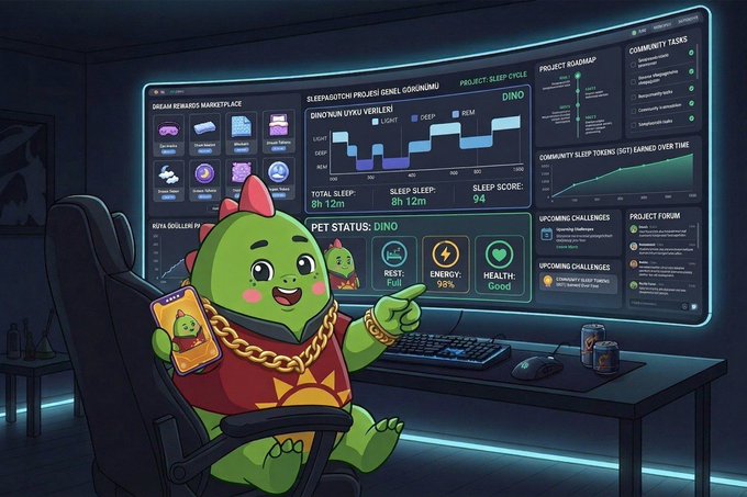 The image features a cartoon green dinosaur character wearing a gold chain, sitting at a gaming desk and pointing at a large monitor displaying a "Sleepagotchi Project Genel Görünümü" dashboard with stats like "Total Sleep: 9h 12m," "Sleep Score: 94," and "Pet Status: Dino" with "Rest: Full" and "Energy: 98% Good" indicators. The visual reinforces the post's message by showing Sleepagotchi as a practical, long-term Web3 wellness tool that gamifies sleep tracking through an engaging pet care experience rather than relying on hype.