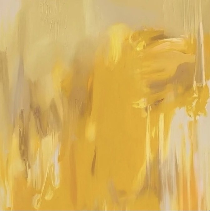 An abstract painting featuring textured brushstrokes in shades of yellow, gold, white, and gray.