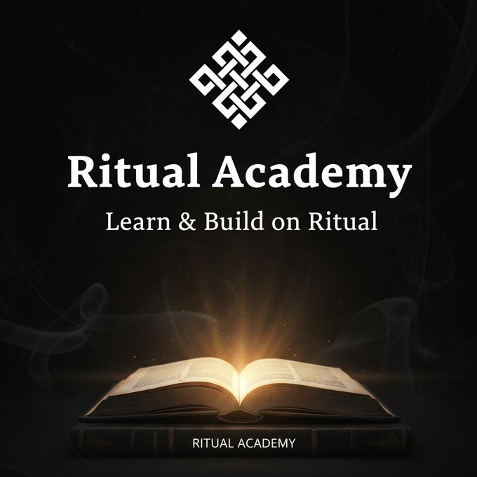 A promotional image for 'Ritual Academy - Learn & Build on Ritual' featuring a glowing open book at the bottom and a Celtic-knot style logo at the top against a dark background.