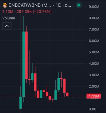 A candlestick chart of $BNBCAT/WBNB shows a massive price collapse, with the asset down 20.73% (-297.38K) and trading near 1.13M on dramatically declining volume, visually confirming the "dumped hard" narrative described in the post.
