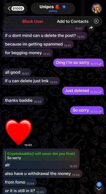 A Telegram chat screenshot shows a user named “Unipcs” discussing a spam post and deletion, with messages such as “Omg I’m so sorry,” “Just deleted,” and “So sorry.” A large red heart is posted alongside the chat, and the post connects the screenshot to an impersonator allegedly asking for personal information on Telegram.