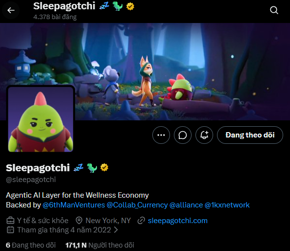 A Twitter/X profile page for 'Sleepagotchi (@sleepagotchi)' described as 'Agentic AI Layer for the Wellness Economy', backed by 6thManVentures, Collab Currency, alliance, and 1kxnetwork, based in New York, NY, with 171.1K followers and featuring a cute green character.