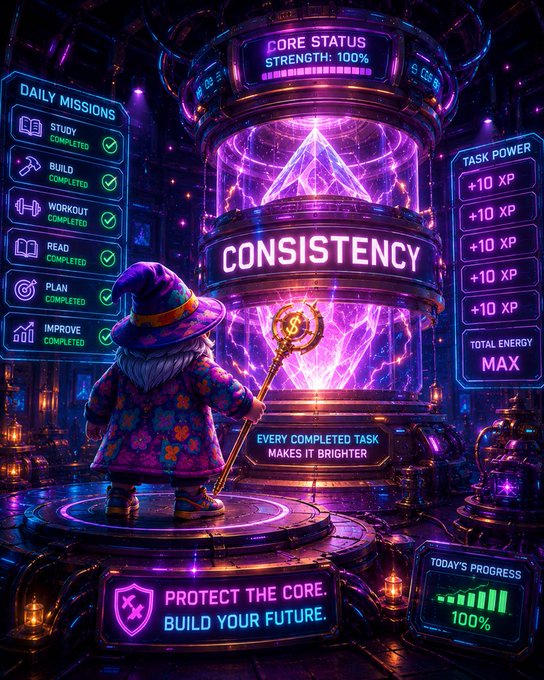 A neon-themed gamification interface displays "CORE STATUS STRENGTH: 100%" and "CONSISTENCY," with a wizard character standing before a glowing reactor. Completed daily missions (Study, Build, Workout, Read, Plan, Improve) appear on the left, while the right shows "TASK POWER +10 XP" and the tagline "PROTECT THE CORE. BUILD YOUR FUTURE."