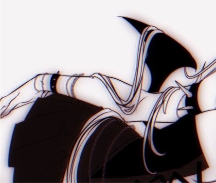 An anime-style illustration of a character with long flowing hair wearing a dark pointed hat and striped stockings, reclining in a pose against a white background.