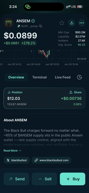A mobile screenshot of the Phantom crypto wallet shows the ANSEM token ($0.0899, +278.2%) with a position of $12.03 worth (133.87 ANSEM), supporting the user's claim of having purchased $10 of the meme coin. The token's description references the "Black Bull" mascot and ~65% supply control by the public Ansem wallet, matching the "public announcement" tone of the post about naming future children after the crypto influencer.