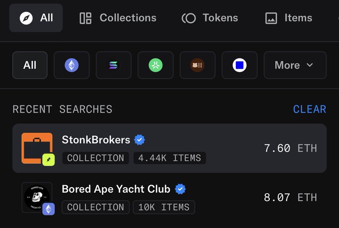 A screenshot of an NFT marketplace search interface displaying recent searches, showing StonkBrokers (a collection of 4.44K items) priced at 7.60 ETH and Bored Ape Yacht Club (10K items) at 8.07 ETH, illustrating that StonkBrokers is indeed just 0.47 ETH away from flipping BAYC in floor price.
