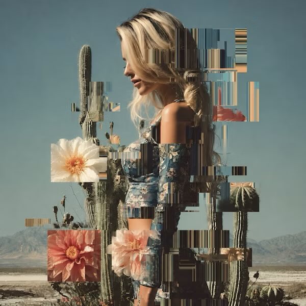 A blonde woman in a floral dress stands in a desert landscape with cacti, with flowers and abstract glitch-art patterns overlaid on the image.