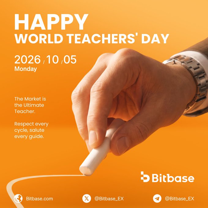 The image is a promotional graphic for World Teachers' Day 2026 (10/05, Monday), featuring a hand holding chalk against an orange background, with the text "HAPPY WORLD TEACHERS' DAY" and the message "The Market is the Ultimate Teacher. Respect every cycle, salute every guide." Bitbase cryptocurrency exchange branding appears at the bottom with their website and social handles (@Bitbase_EX). The chalk imagery visually reinforces the post's message about the market serving as a teacher, while the company's branding aligns with the trading wisdom theme mentioned in the caption.