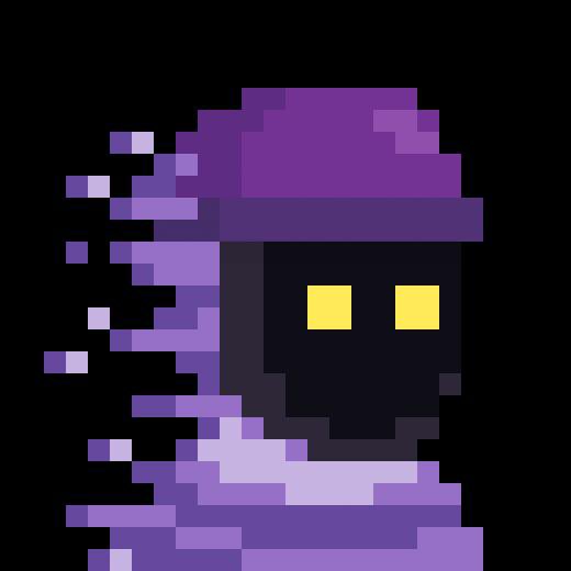 A pixel art image of a dark, ghostly figure wearing a purple hat and tattered robes, with glowing yellow eyes, dissolving into purple particles on the left side.