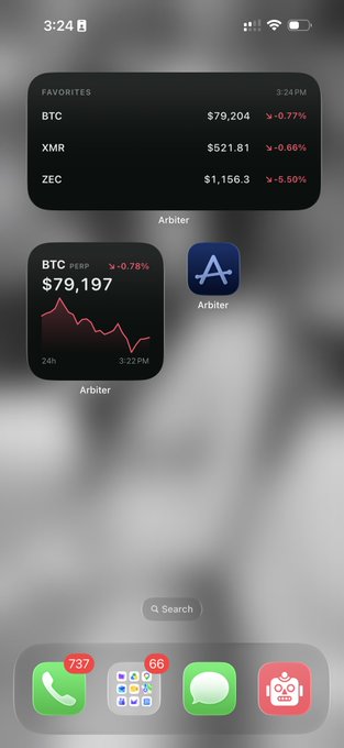 An iPhone home screen displays cryptocurrency favorites widgets for BTC ($79,204), XMR ($521.81), and ZEC ($1,156.3) with negative percentage changes, alongside an Arbiter app icon.