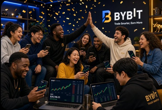 A promotional image for BYBIT cryptocurrency exchange ('Trade Smarter, Earn More') showing a diverse group of young people celebrating with high-fives while holding phones displaying crypto charts, with laptops showing Bitcoin price ($28,746.21) and gold confetti falling around them.