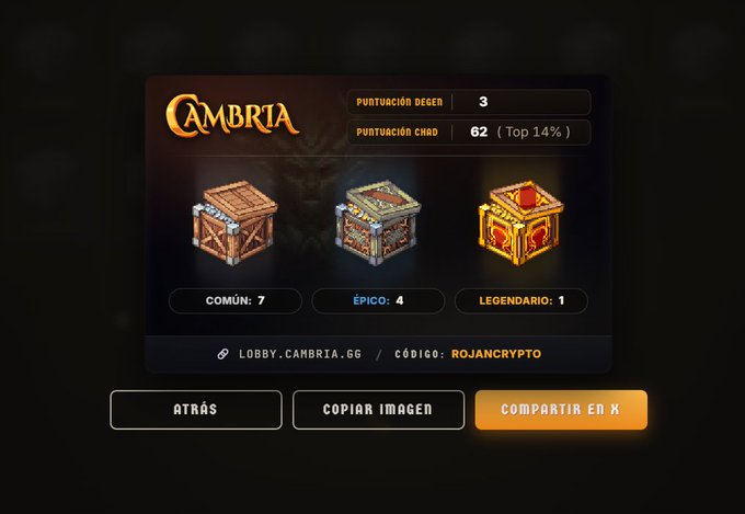 A gaming stats card for 'CAMBRIA' showing 'PUNTUACIÓN DEGENER 3', 'PUNTUACIÓN CHA0 62 (Top 14%)', with chest rarity counts of Common: 7, Epic: 4, Legendary: 1, and lobby link 'LOBBY.CAMBRIA.GG' with code 'ROJANCRYPTO'.