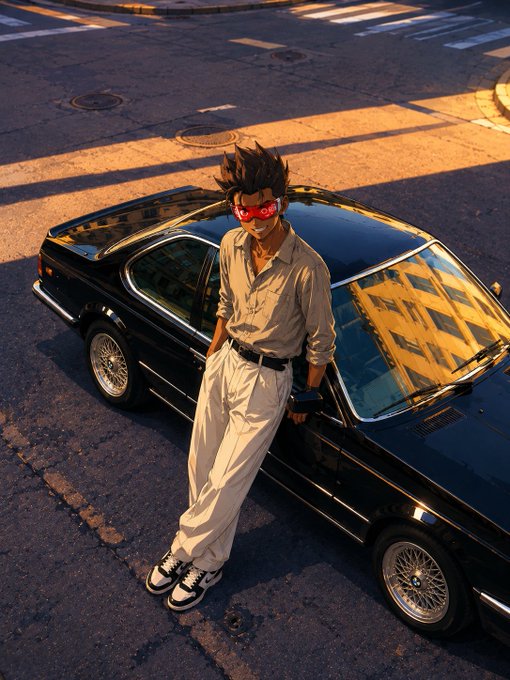 An anime-style illustration of a young man with spiky hair, red-tinted glasses, a white shirt, and white pants leaning against a black vintage car on a city street.