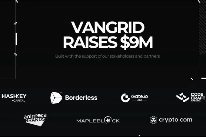 A graphic announces 'VANGRID RAISES $9M' and shows logos for investors including Hashkey Capital, Borderless, Gate.io Labs, Animoca Brands, Mapleblock, Crypto.com, and Code Craft Capital.