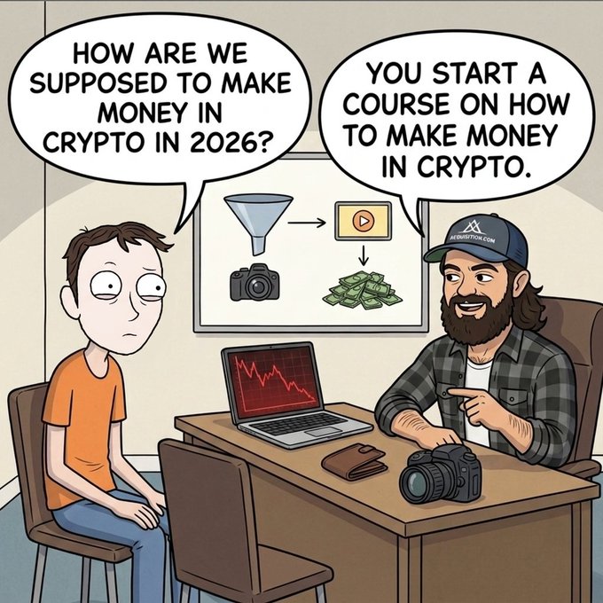 A cartoon shows a worried young man asking "How are we supposed to make money in crypto in 2026?" while a bearded guru wearing an "AIWAVEPRO.COM" cap confidently replies "You start a course on how to make money in crypto," with a whiteboard diagram illustrating a funnel leading from content/camera creation to cash. The image satirizes the crypto industry's shift from actual trading to selling "how to get rich" courses, mirroring the post's lament about exchanges, Layer 1s, Layer 2s, and perps all shutting down—leaving content creation as the only remaining hustle.