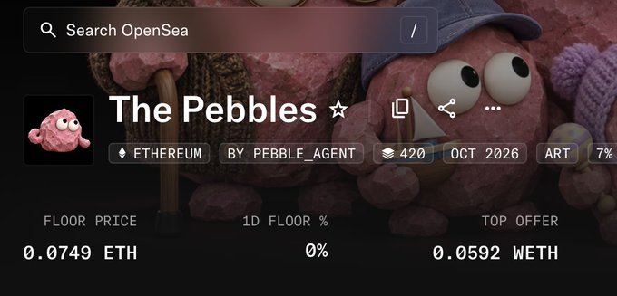 An OpenSea NFT collection page for 'The Pebbles' on Ethereum, created by pebble_agent, showing a floor price of 0.0749 ETH and a top offer of 0.0592 WETH, with supply 420 and royalty 7%.