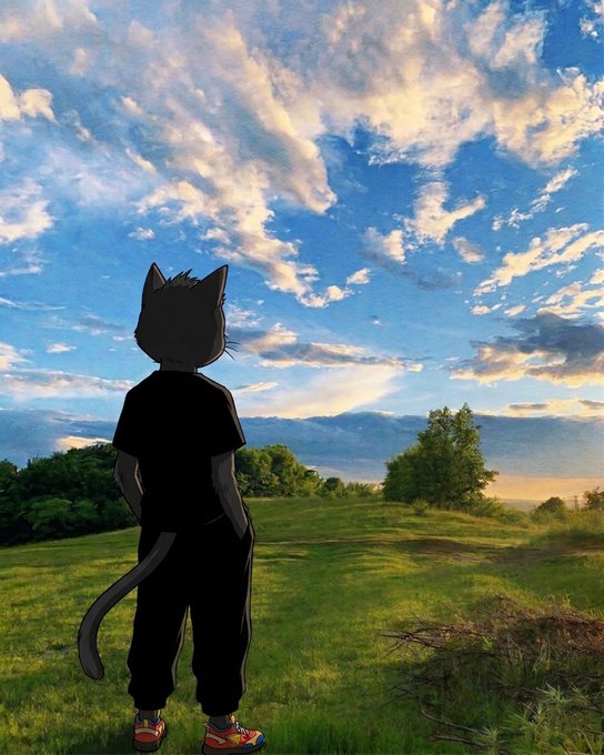 An anime-style illustration of a black cat character wearing a dark t-shirt, pants, and orange sneakers, gazing out at a scenic landscape with rolling green hills and a cloudy blue sky.