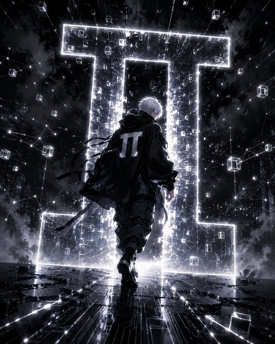 A black-and-white stylized image of a person walking toward a large illuminated 'II' symbol, with 'II' also visible on the back of their jacket.