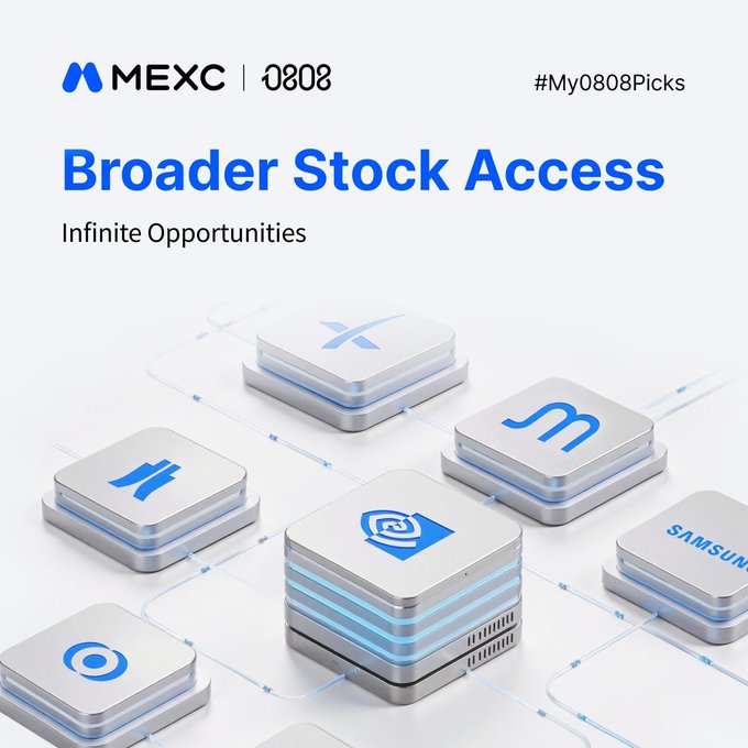 MEXC and 0808 promotional graphic titled 'Broader Stock Access: Infinite Opportunities' featuring 3D-rendered nodes for various company logos including Hyundai, Samsung, and Pfizer under the hashtag #My0808Picks.