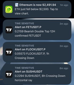 A screenshot of crypto trading alerts shows Ethereum falling below $2,500 ($2,491.94), plus TradingView alerts for FETUSDT.P at 0.2159, FLOCKUSDT.P at 0.05573, and SUSH IUSDT at 0.2294. The post says “Good night More red candles for now.. Stay strong everyone!” and the bearish alerts illustrate the expected downward price action.