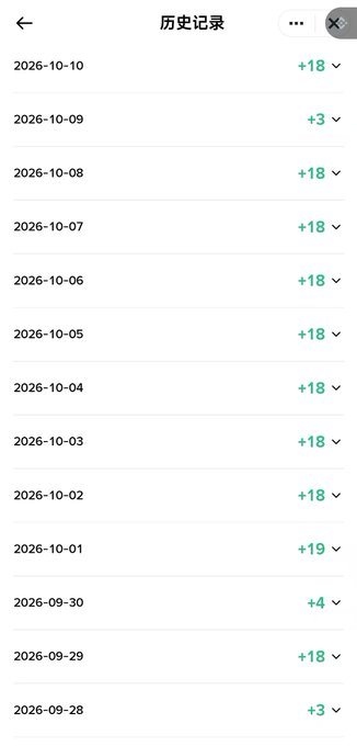 A mobile app screen displaying a Chinese-language history record ('历史记录') with dates from September to October 2026 and daily point values (+18, +3, +4, +19) in green.