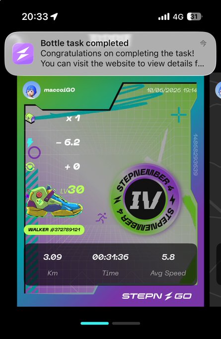 The image shows a phone screen with an app icon, which appears to be a running app or game. The app has a purple background and features a cartoon character, possibly a dog, as its main element. The text displayed on the screen congratulates the user for completing their task, stating that they have "bottle task completed". The app also provides information about the user's speed and time taken to complete the task, along with details of the game or running app.