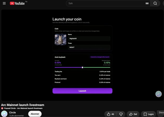A YouTube livestream interface showing the Arc Mainnet launch livestream by Circle, displaying a 'Launch your coin' setup screen for a token named 'Nighthuff'.