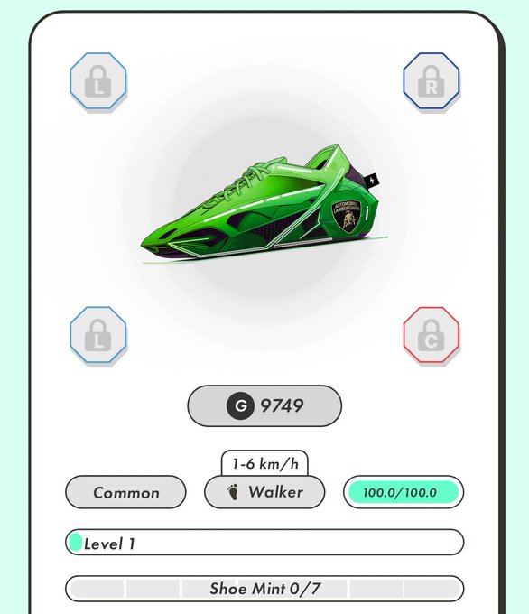 A mobile app interface displaying a green Lamborghini-themed sneaker NFT with stats showing 9,749 G tokens, Walker class, Common rarity, Level 1, and a Shoe Mint count of 0/7.