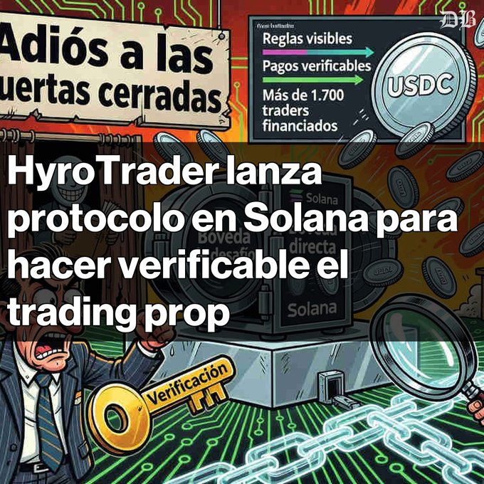 A Spanish-language promotional graphic reading 'HyroTrader lanza protocolo en Solana para hacer verificable el trading prop', highlighting verifiable rules, payments, and over 1,700 funded traders with USDC.