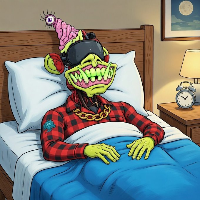 A cartoon illustration shows a green-skinned monster with a large toothy grin wearing a VR headset, lying in bed under blue covers, with a pink brain-like creature with an eye perched on its head.