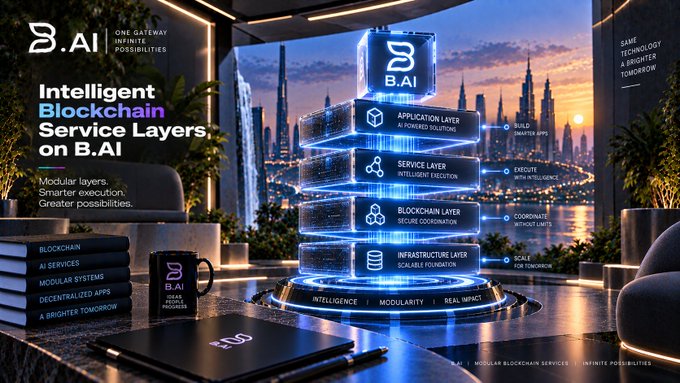 Promotional image for B.AI titled 'Intelligent Blockchain Service Layers on B.AI,' showing a layered architectural diagram with Application Layer, Service Layer, Blockchain Layer, and Infrastructure Layer stacked in a futuristic city setting.