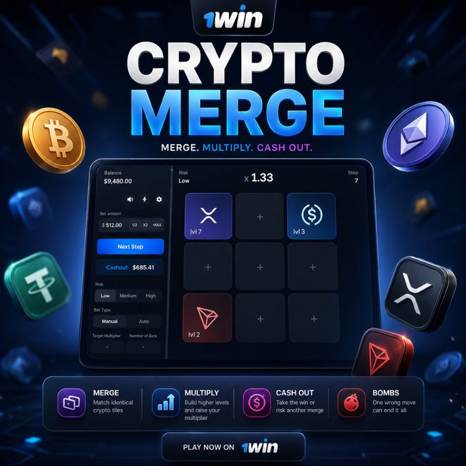 Promotional image for 1win's 'Crypto Merge' game featuring Bitcoin, Ethereum, XRP, and Tron icons, showing a game board with Step 7, Risk Low, x1.33 multiplier, and instructions to Merge, Multiply, Cash Out.