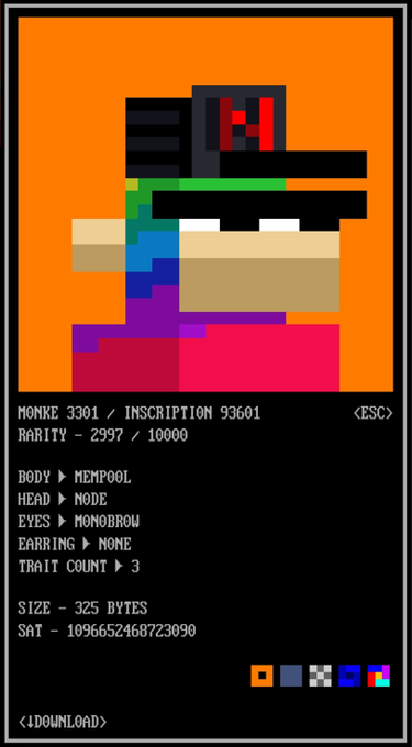 The image features an orange background with a cartoon character wearing a black hat sitting next to a computer screen displaying information about the character's attributes such as body size, eyes, ears, and a description of the character's personality. The text on the screen reads "Monke 32001 Inscription 96101 4ECS 3MB 0x3B8".