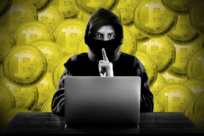 A hooded figure, representing illegal crypto operations, is shown with a finger to their lips in front of a backdrop of Bitcoin symbols, mirroring the news of over 20 arrests for illicit crypto dealings in Russia.