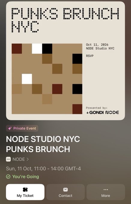 A mobile event ticket interface for a "PUNKS BRUNCH NYC" private event on Oct 11, 2026, at NODE Studio NYC, featuring pixel-art branding, a brown and tan abstract graphic, and "Presented by: +GONDI NODE" text.