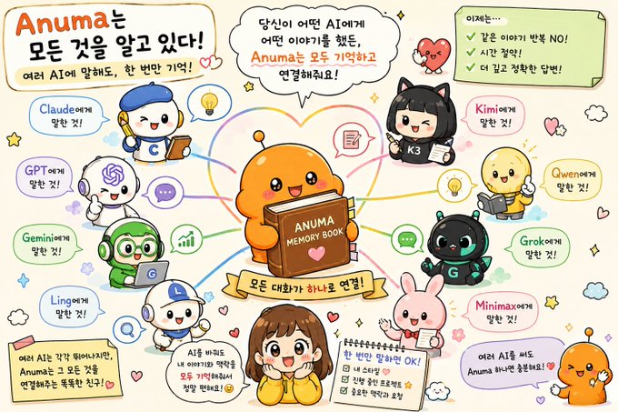 A colorful Korean-language infographic titled "Anuma는 모든 것을 알고 있다!" (Anuma knows everything!) depicts a central orange robot character holding an "ANUMA MEMORY BOOK," surrounded by chibi-style mascots representing various AI models—including Claude (C), GPT, Gemini (G), LingQ (L), Kimi (K3), Qwen, Grok (G), and Minimax—with speech bubbles declaring they "also know" and a note that "repeatedly introducing yourself to every AI is truly" exhausting, illustrating the frustration of inputting the same self-introduction across multiple AI platforms that the post references.