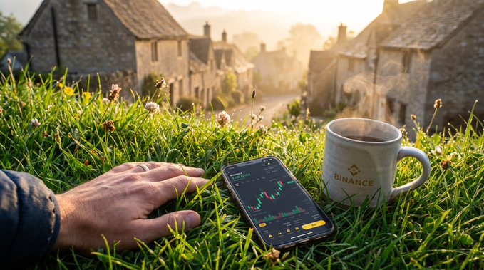 A hand resting in grass next to a smartphone showing a trading chart, with a white mug labeled 'BINANCE' nearby, and stone houses in the sunny background.